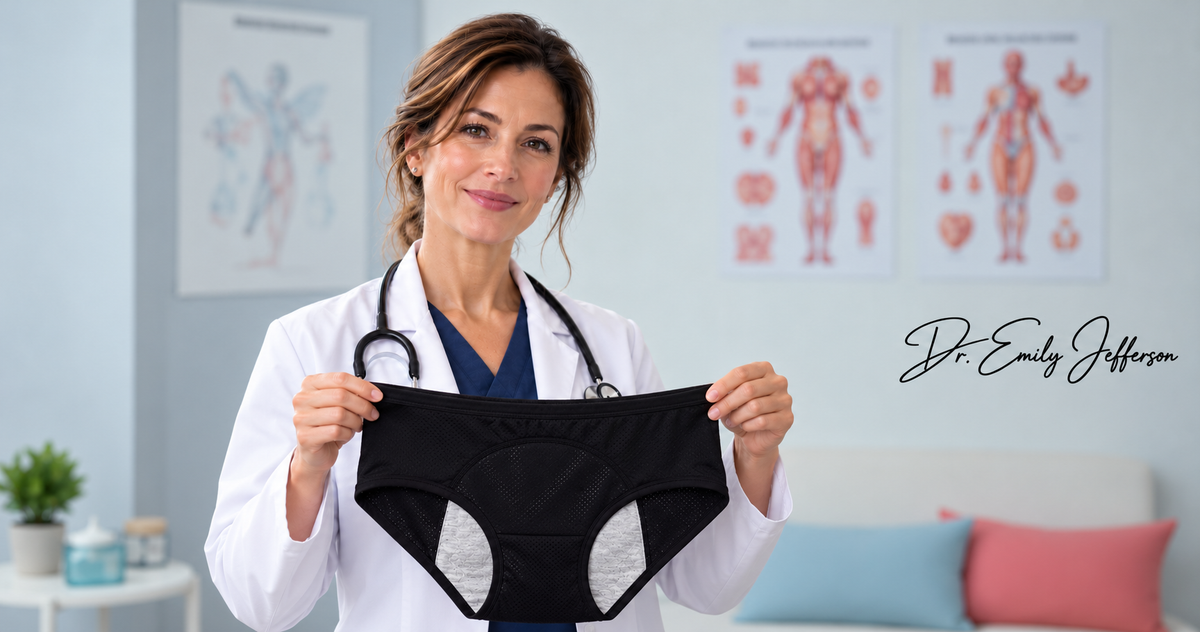Dr. Emily Jefferson holding EverDry underwear